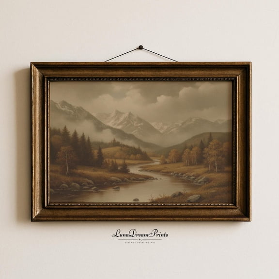 Moody Vintage Fall Landscape Farmhouse River Autumn Mountain Print Rustic Cottagecore Decor