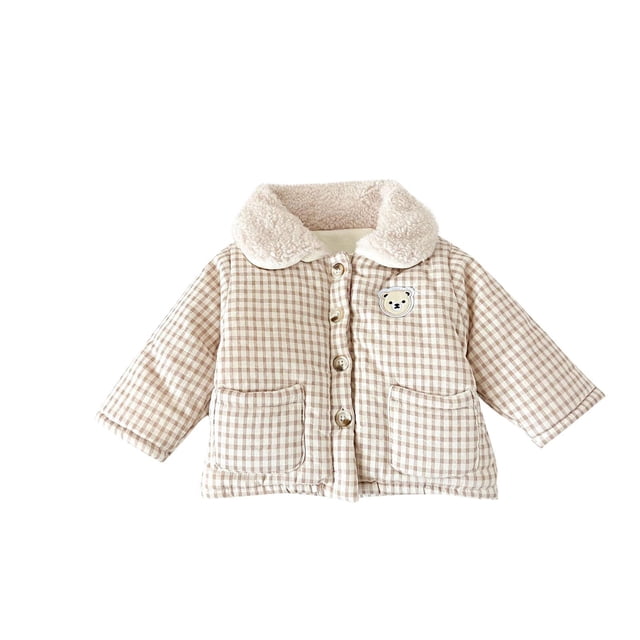 Birdeem Children's Fall Winter Teddy Bear Jacket, Long Sleeve Plaid Embroidery, Button Up Collar Design, Baby Winter Coat