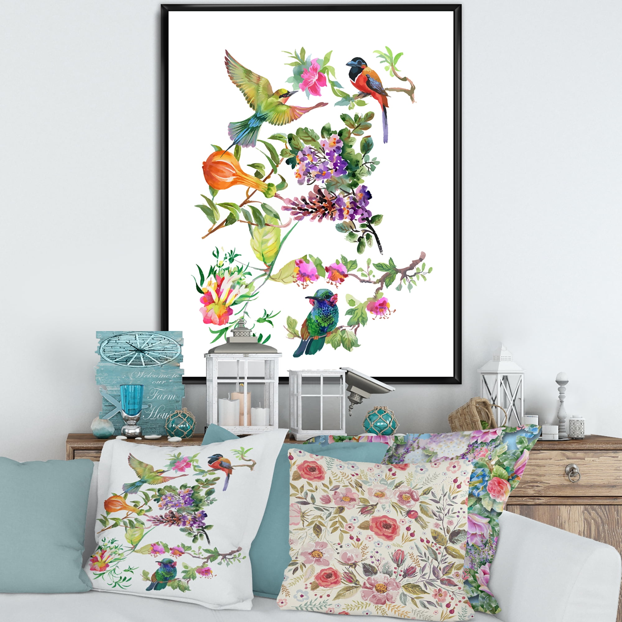 Designart 'Colourful Birds and Tropical Flowers II' Traditional Framed Canvas Wall Art Print