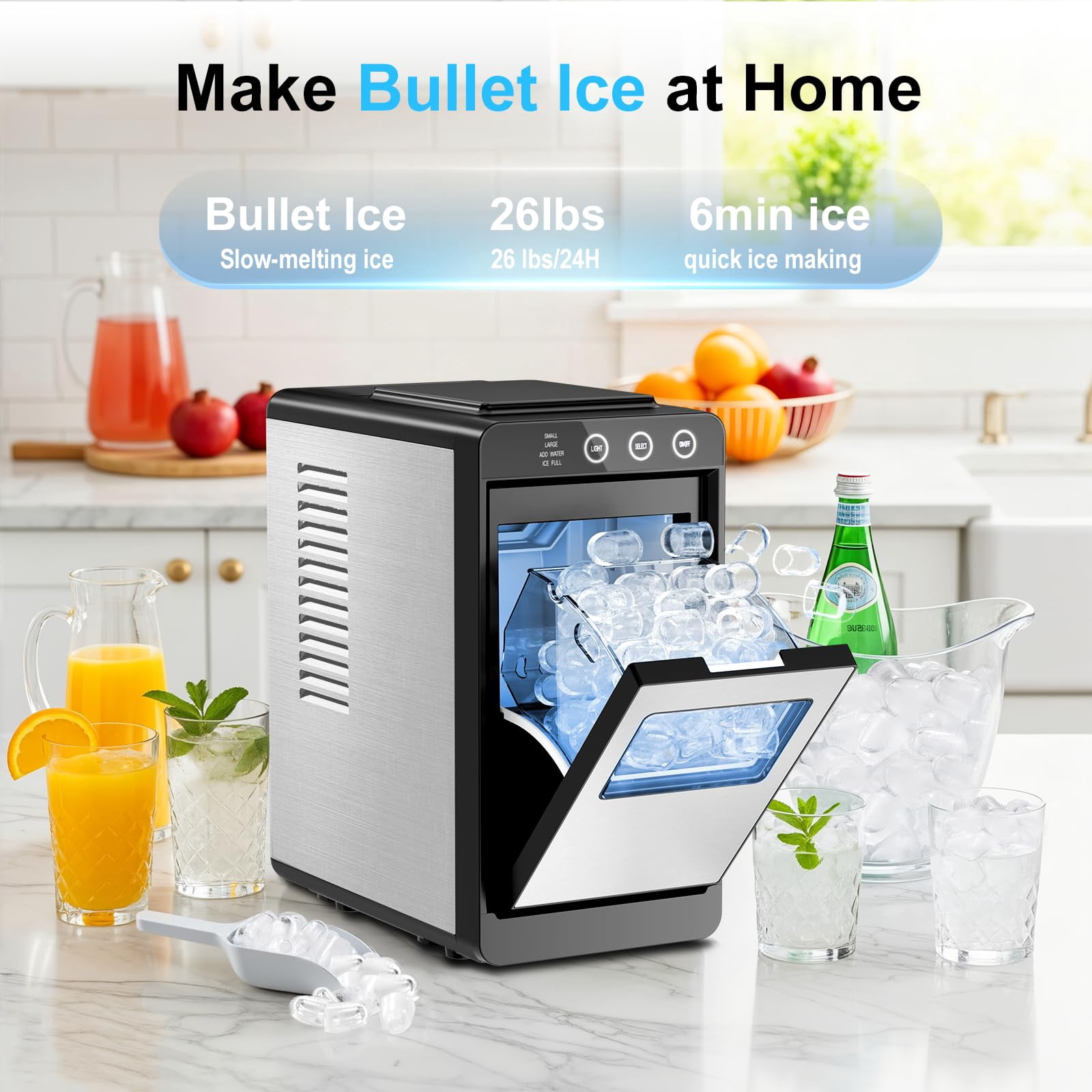 Ice Maker Countertop, 26Lbs/24H Ice Maker with 2 Sizes Bullet Ice, Interior Light, Self-Cleaning, Fast 8 Cubes in 6 Mins, Compact Ice Maker for Kitchen, RV, Personal Use, Stainless Steel