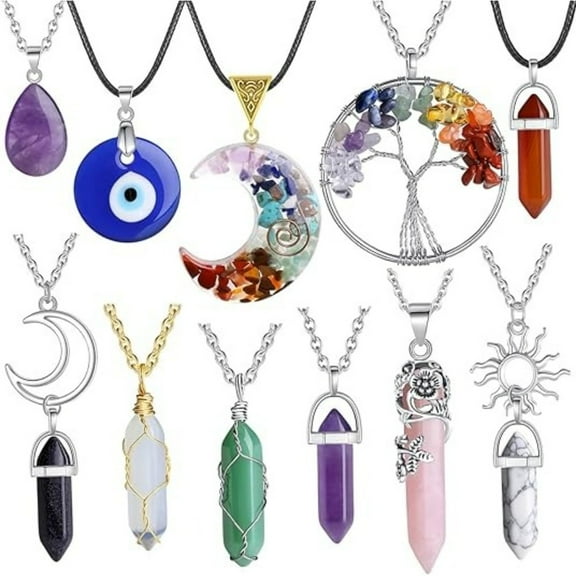 11 Pcs Natural Crystal Necklaces Set, Healing Stones Boho Chic Jewelry with Evil Eye & Chakra Pendant, Spiritual Gift for Women Birthday Christmas