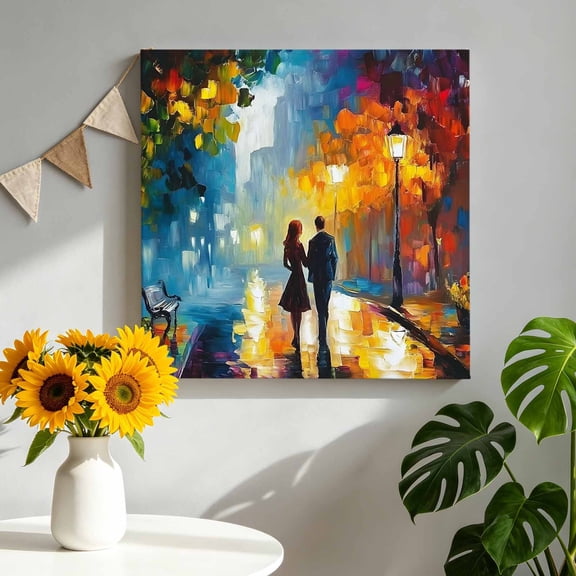 Canvas Wall Art Romantic Walking Couple Canvas Art Print Impressionist Autumn Rain Reflections Pictures Wall Decor for Living Room Bedroom Artwork Decorations Stretched Framed Ready to Hang 10"x10"