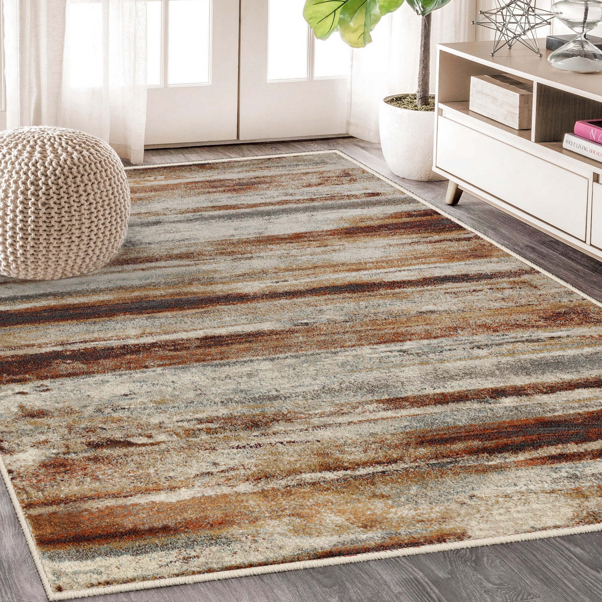 Superior Taia Striped Damask Indoor Area Rug, 5' x 8', Cream/ Rust