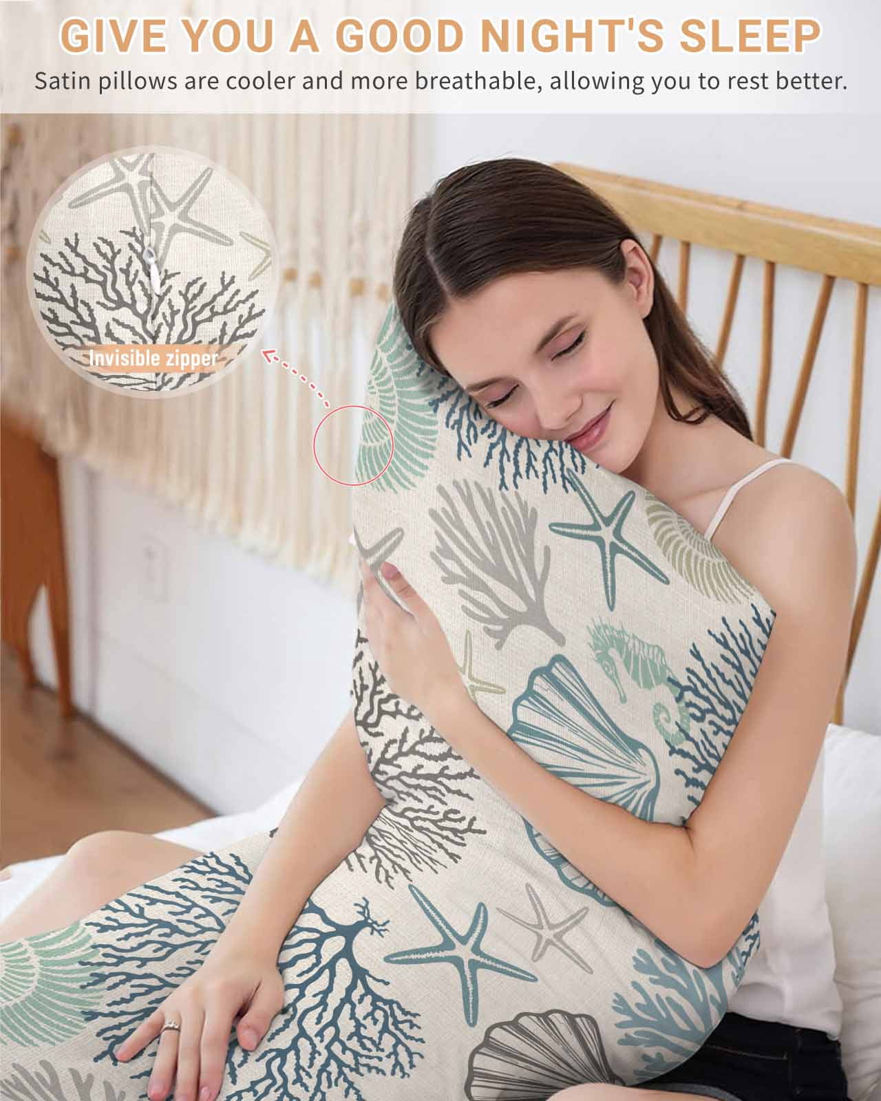 Ocean Coastal Pillow Cases Cal King Size, Smooth Satin Pillowcase for Hair and Skin, Retro Coral Starfish Shell Seahorse Decorative Cooling Bed Pillow Covers with Zipper, 20x40 Inches