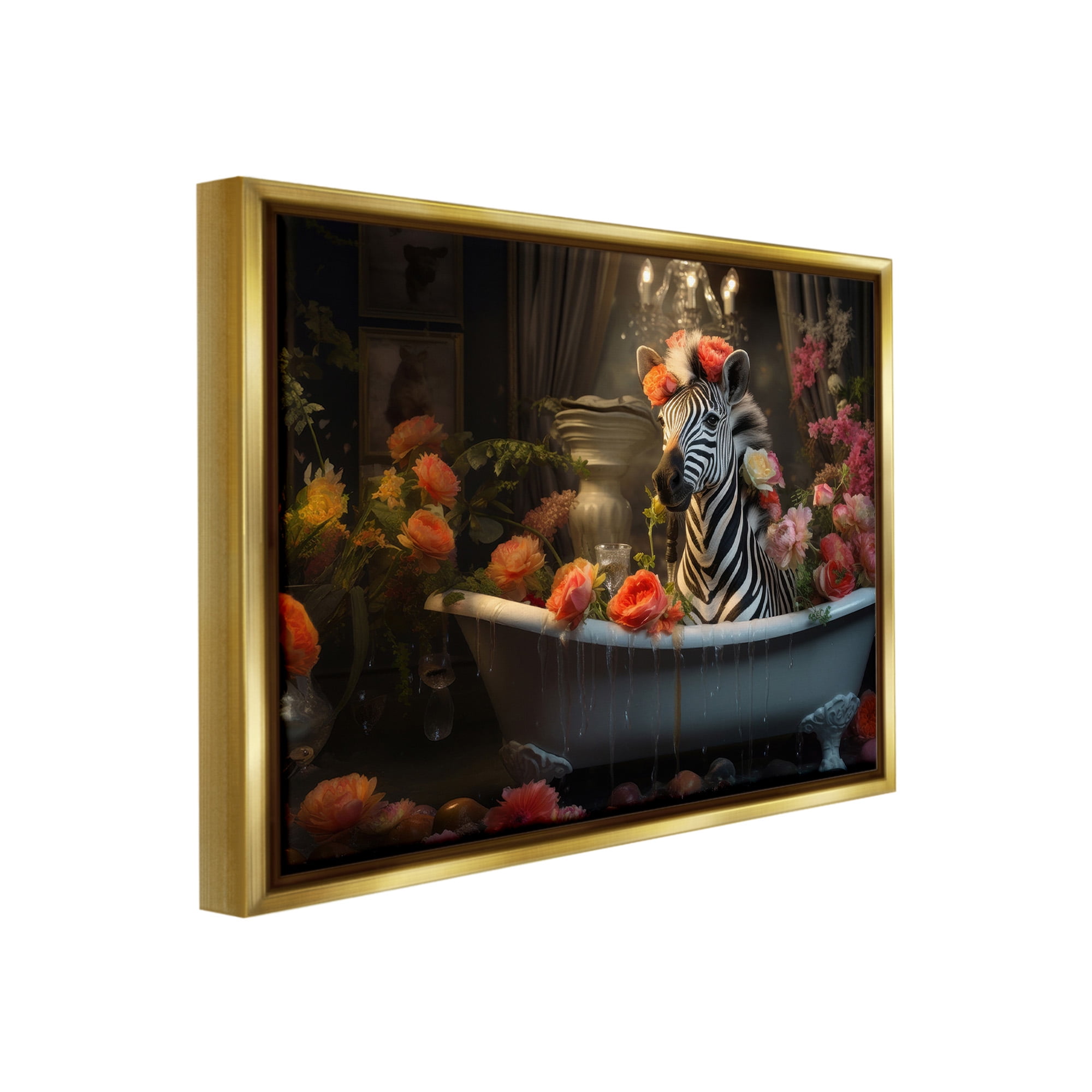 Stupell Industries Zebra Bathing with Florals Animals & Insects Painting Gold Floater Framed Canvas Art Print Wall Art, 21 x 17