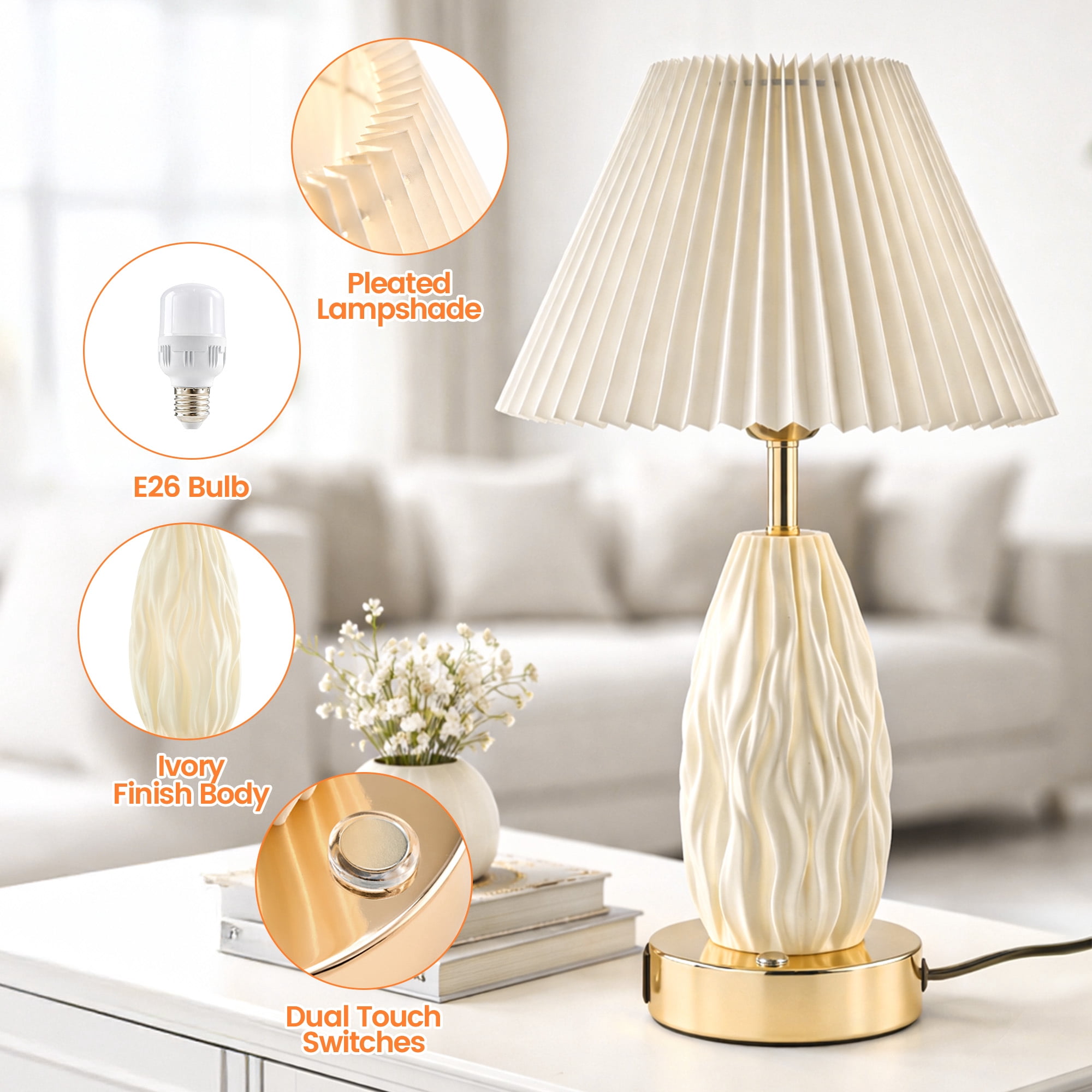 HadinEEon 17.5" Table Lamp with USB A&C Ports and Night Light, Touch Control 3 Way Dimmable Beside Lamp, for Bedroom Living Room Office, Beige