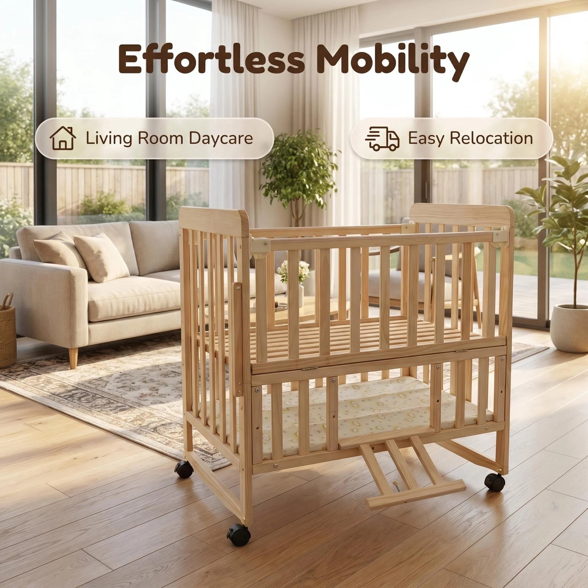 5-in-1 Convertible Baby Crib, Solid New Zealand Pine Wood, 2-Position Adjustable Mattress Base, Under-Crib Storage, Anti-Chew Guard Strips for Nursery