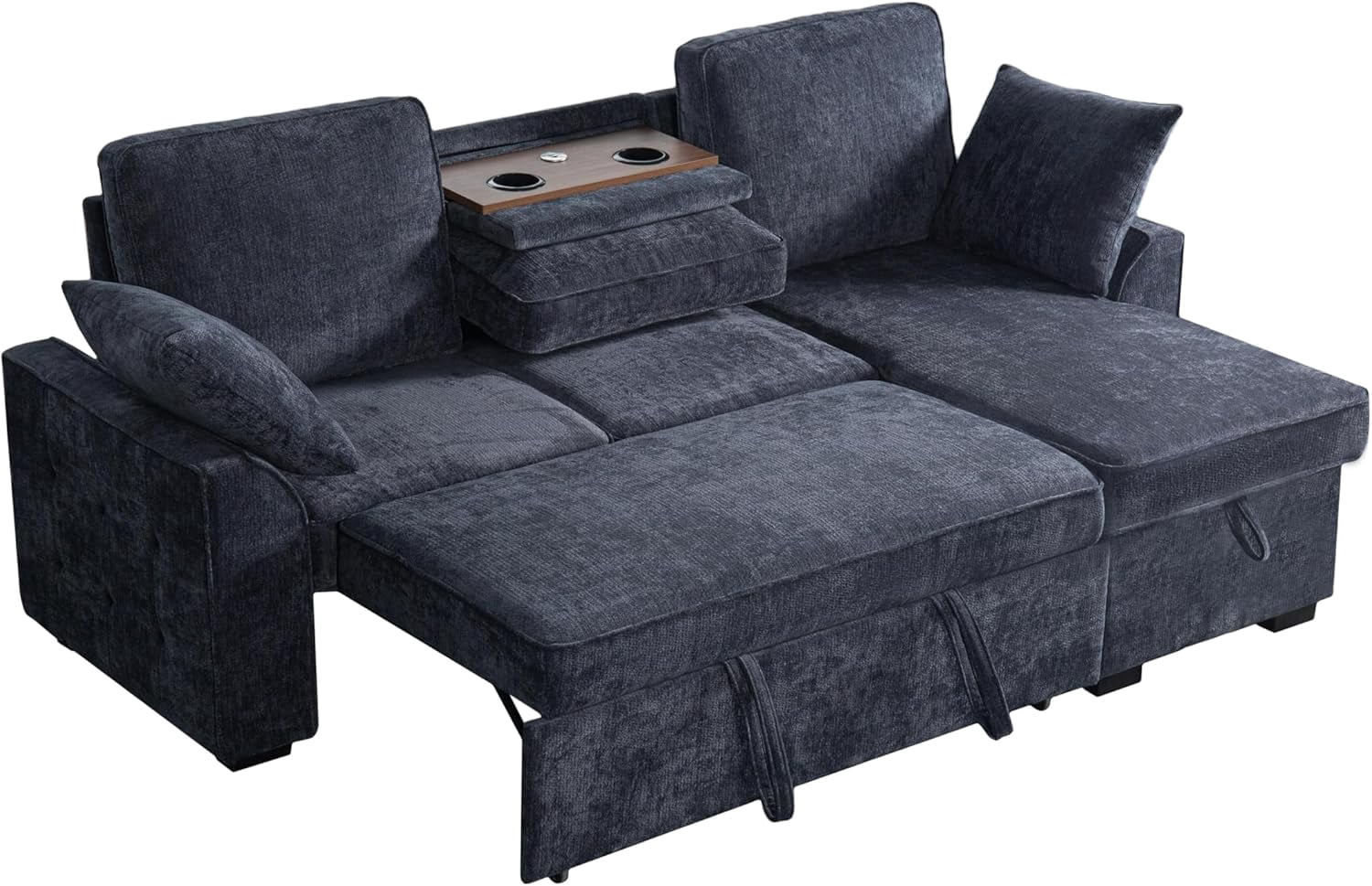 Howcool Sectional Sleeper Sofa,L Shaped Chenille Convertible Sofa Bed 85.5" 3 Seater with Flip-Down Center Console,Pull Out Couch for Living Room Apartment Office,Dark Blue