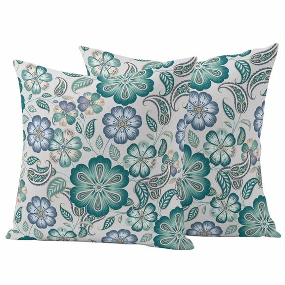 Teal Paisley Pattern Outdoor Waterproof Pillow Covers, Boho Ethnic Floral Traditional Decorative Square Throw Pillowcase Sofa Cushion Sham for Patio/Couch/Chair, 16"x16" 2 Pack