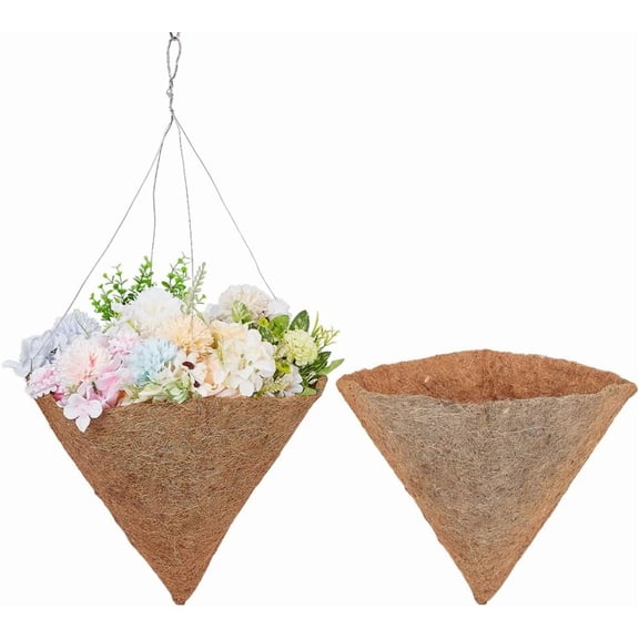 2 Pcs Coco Liners Replacement 14 Inch Pre-Formed Replacement Cone Shaped Coco Liner Coconut Shred Flowerpot Liner for Hanging Basket Flowers Vegetables Indoor Outdoor Plants