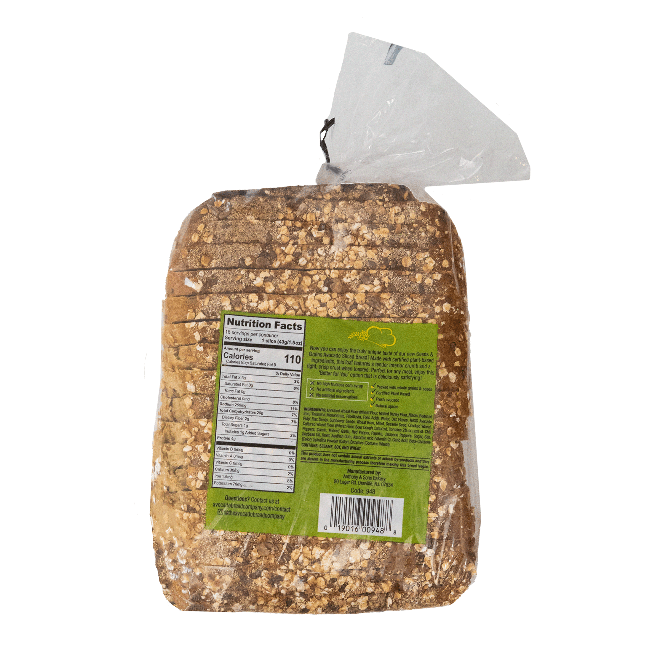 Anthony & Sons Bakery Avocado Bread, 24 oz. Bolsa transparente.