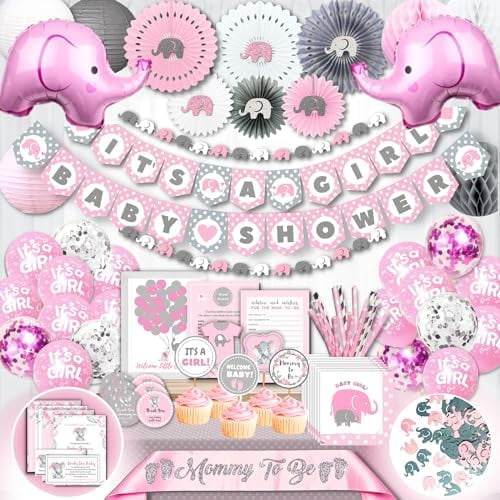 697 PC Premium "It's A Girl" Elephant Baby Shower Decor Set - Banners, Napkins, Straws, Guest Book, Lanterns, Honeycomb Balls, Fans, Cake Toppers, Sash, Balloons, Games for Girls.