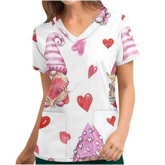 Valentines Day Gifts for Her Tbopshirt Womens Tops Scrubs for Women Valentine's Day Printed Pocket Short Sleeve V-Neck Nurse Top,Valentine's Day