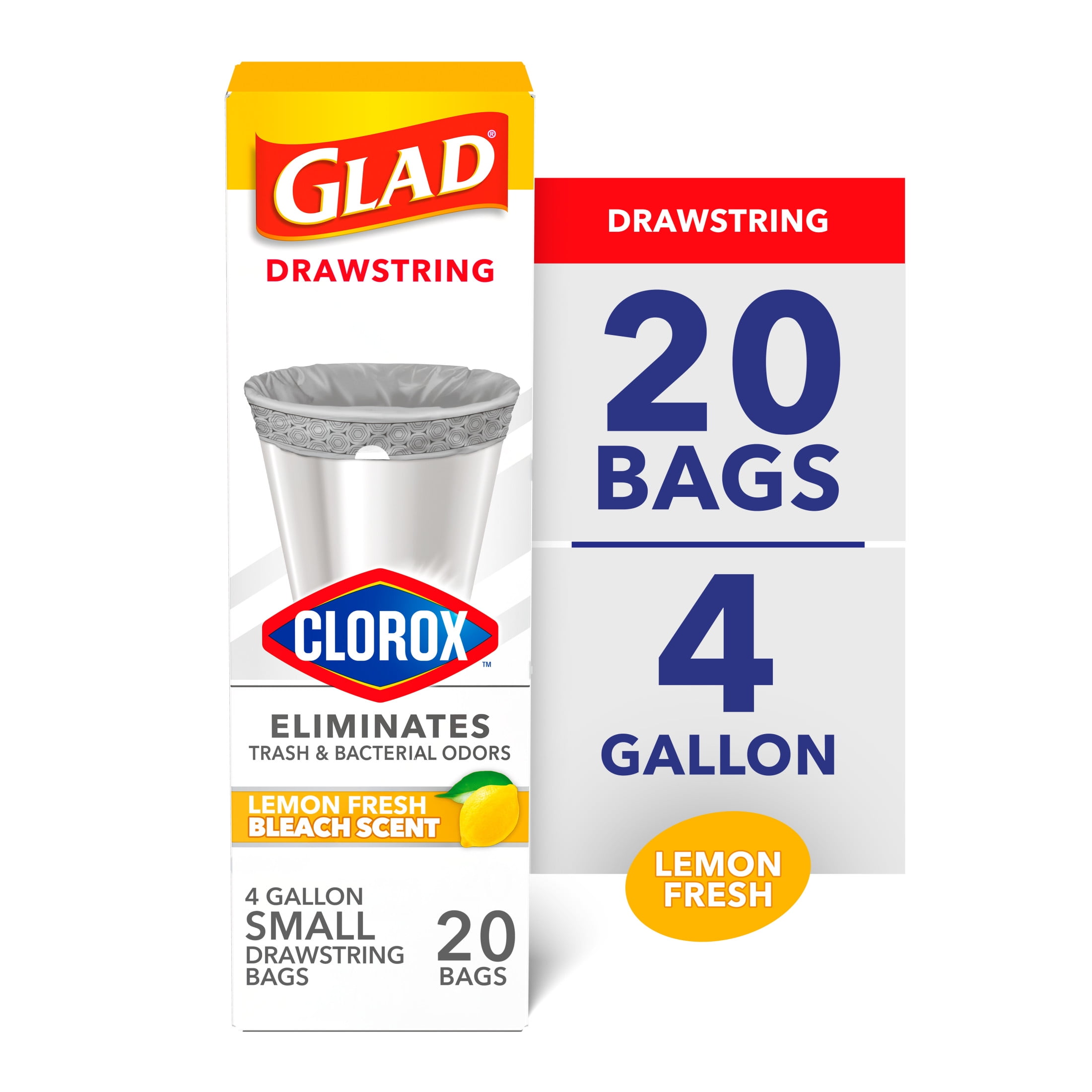 (2 pack) Glad with Clorox 4 Gallon Small Drawstring Trash Bags, Lemon Fresh Bleach Scent, 20 Bags
