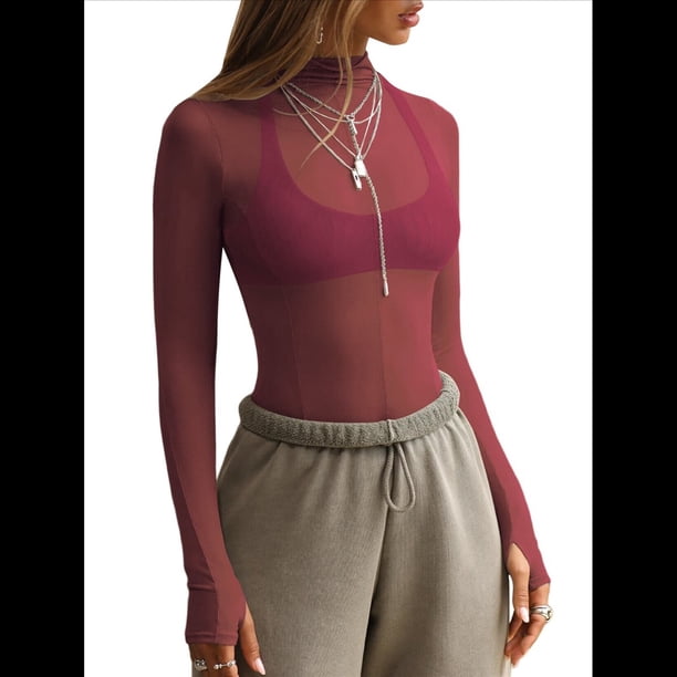 Blusa de Larga de para Mujer, Blusa de Encaje Transparente con Cuello Alto y Bordado Floral. Vino Tinto L