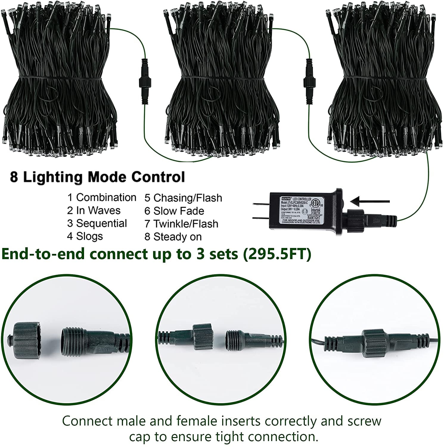 Sinhoon 300 LED Christmas String Lights, 99FT Outdoor Xmas Decorative Green Wire LED Fairy Lights, 8 Lighting Modes, Waterproof & Connectable for Party Garden Wedding Home Decoration, White