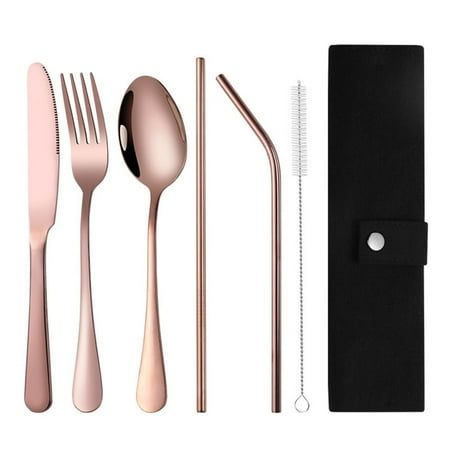 

Stainless Steel Travel Cutlery Set With Straw Boba Straw And Leather Pouch