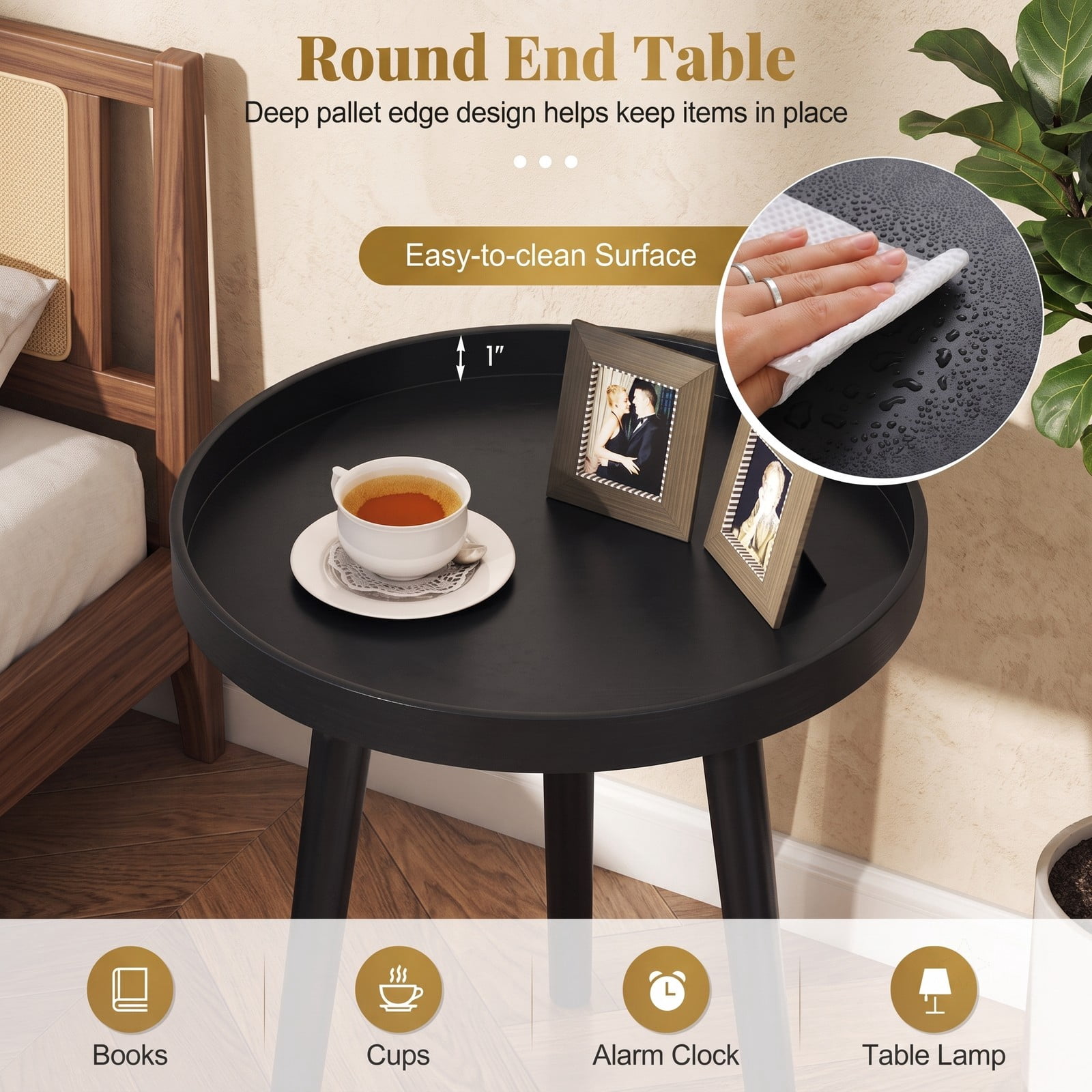 Furnibear Mid Century Modern Round Side Table, Small Sofa End Coffee Table with Bamboo Legs & Wooden Tray Top for Living Room Bedroom Small Spaces, Nightstand, Black