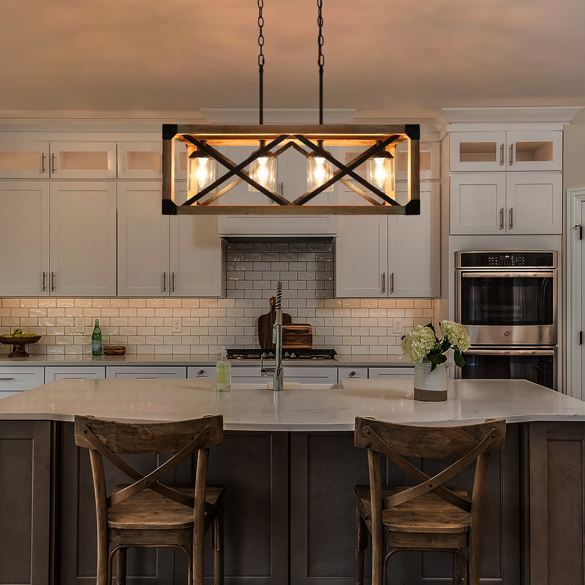 LNC 4-Light Classic Distressed Wood Rust Black Electric Square Farmhouse Chandelier