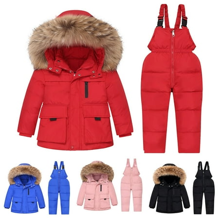 Jinhomg Toddler Baby Girls Snowsuit 2 PCS Winter Warm Ski Suits Kid Boys Comfy Jacket Long Sleeve Hooded Puffer Coat Bib Pants Sets Red 2 Years