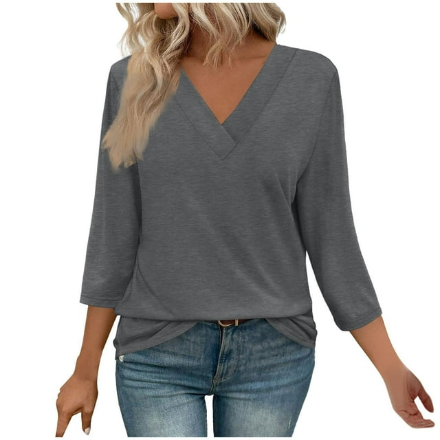 Plebaso Chemises à Manches 3/4 pour Femmes Col en V Tunique Décontractée Blouses Amples Unies pour Dames