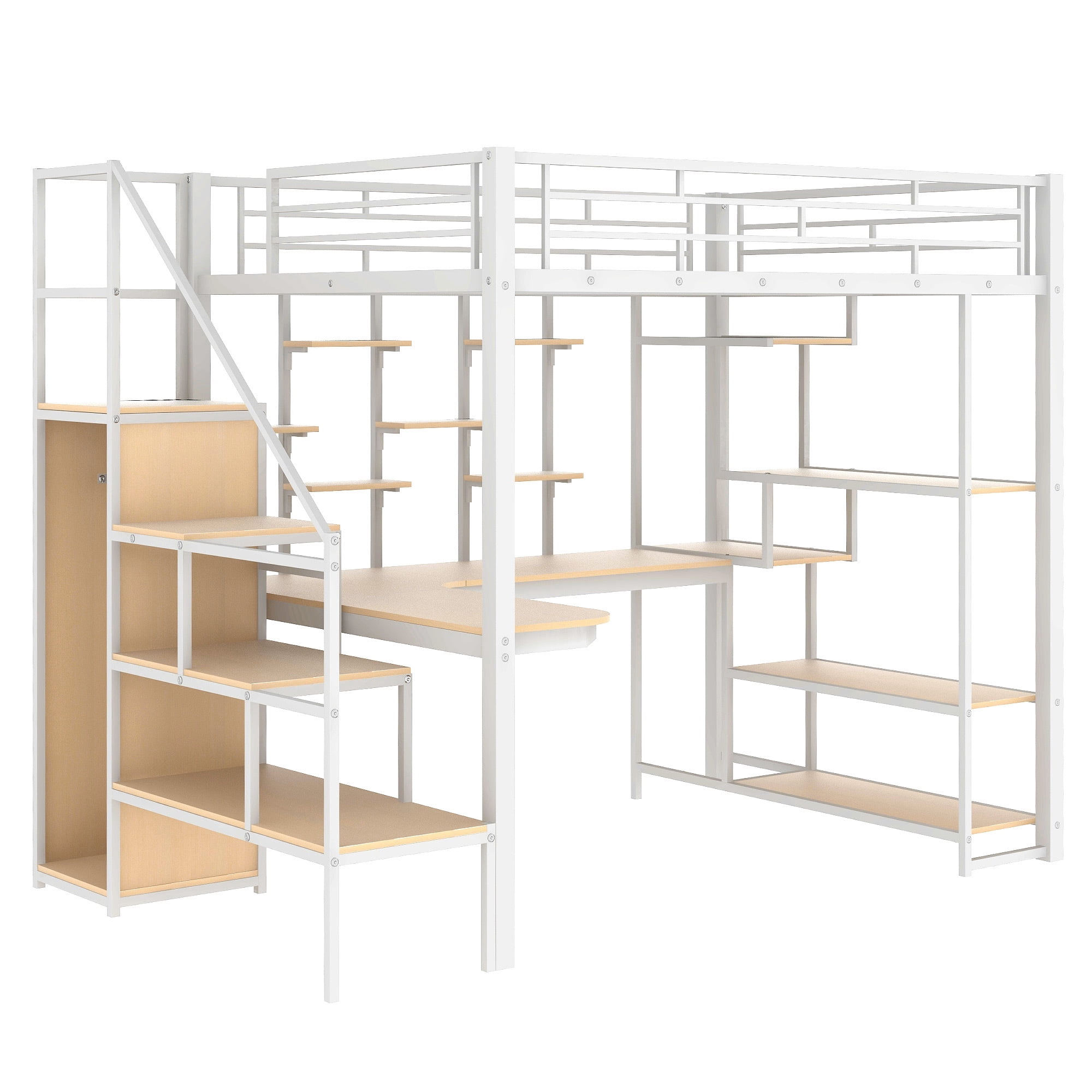 Euroco Modern Metal Full Size Loft Bed with Wardrobe, Desk and Storage Shelves for Kids Teens, White