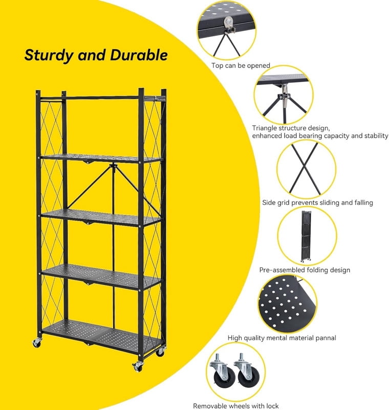 5-Tier Foldable Metal Storage Rack with Wheels, Heavy Duty Rolling Shelving Unit, Folding Metal Rack Shelving Unit for Garage, Kitchen, Basement