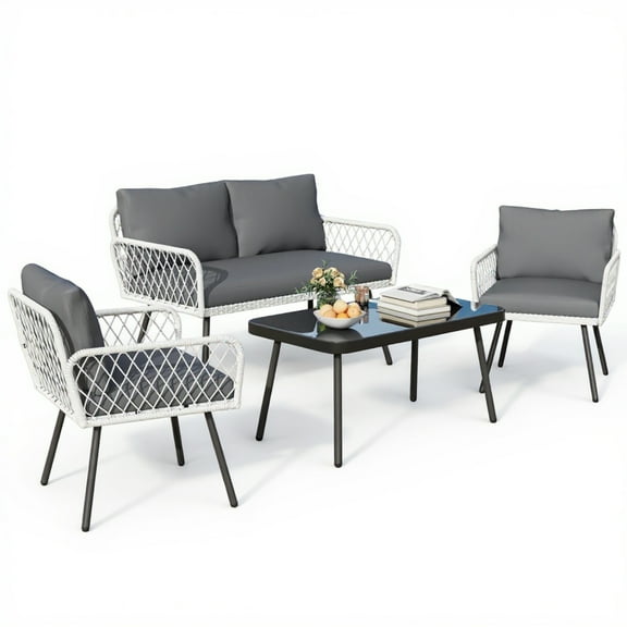 Riedhoff 4 Pieces Outdoor Conversation Sets with Loveseat & 2 Chairs & Coffee Table, Off-white & Black