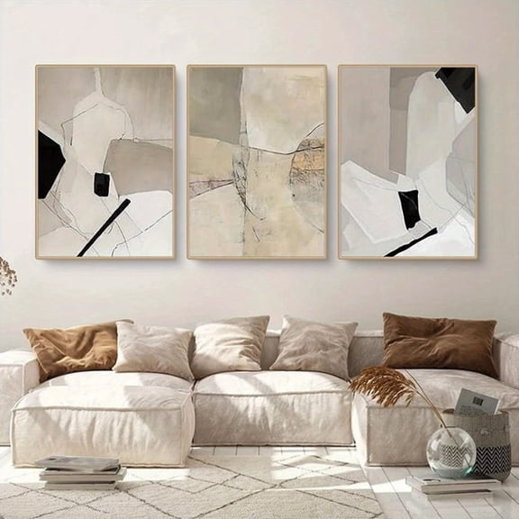 [3pcs Modern Abstract Wall Art] 3pcs Set Modern Abstract Canvas Wall Art, Black and White Gray Landscape Theme, Unframed Contemporary Artwork for Home Decor