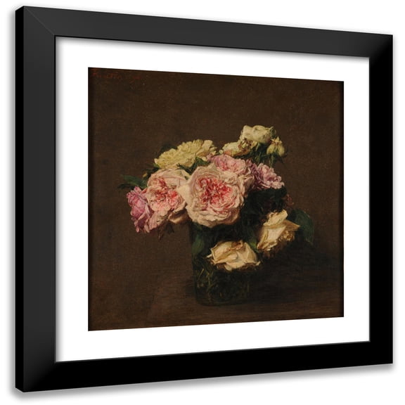 Henri Fantin-Latour 12x12 Black Modern Framed Museum Art Print Titled - Roses in a Crystal Vase (1894)