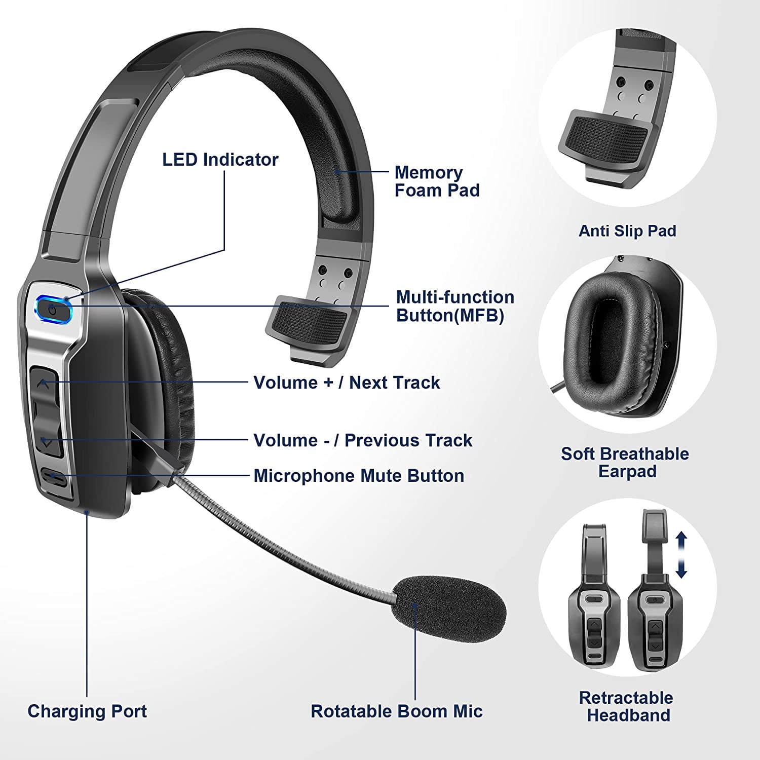 MyBat Pro Bluetooth Headset with Microphone & Noise Cancelling Wireless Headphones for Home Office Remote Work