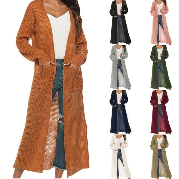 Lovskoo Long Cardigans for Women Trendy Long Sleeve Solid Color Cardigan Sweater with Slit Large Pockets Long Thin Coat Black