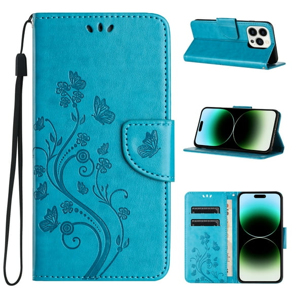 For iPhone 16 Wallet Case,Cute Embossed Butterfly & Flower Patterned Flip Premium PU Leather [Flip Kickstand] [Card Slots] [Wrist Strap] [Magnetic Closure] Phone Cover, Blue