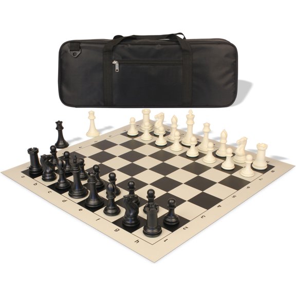 Professional Deluxe Carry-All Plastic Chess Set Black & Ivory Pieces with Vinyl Roll-up Board & Bag - Black