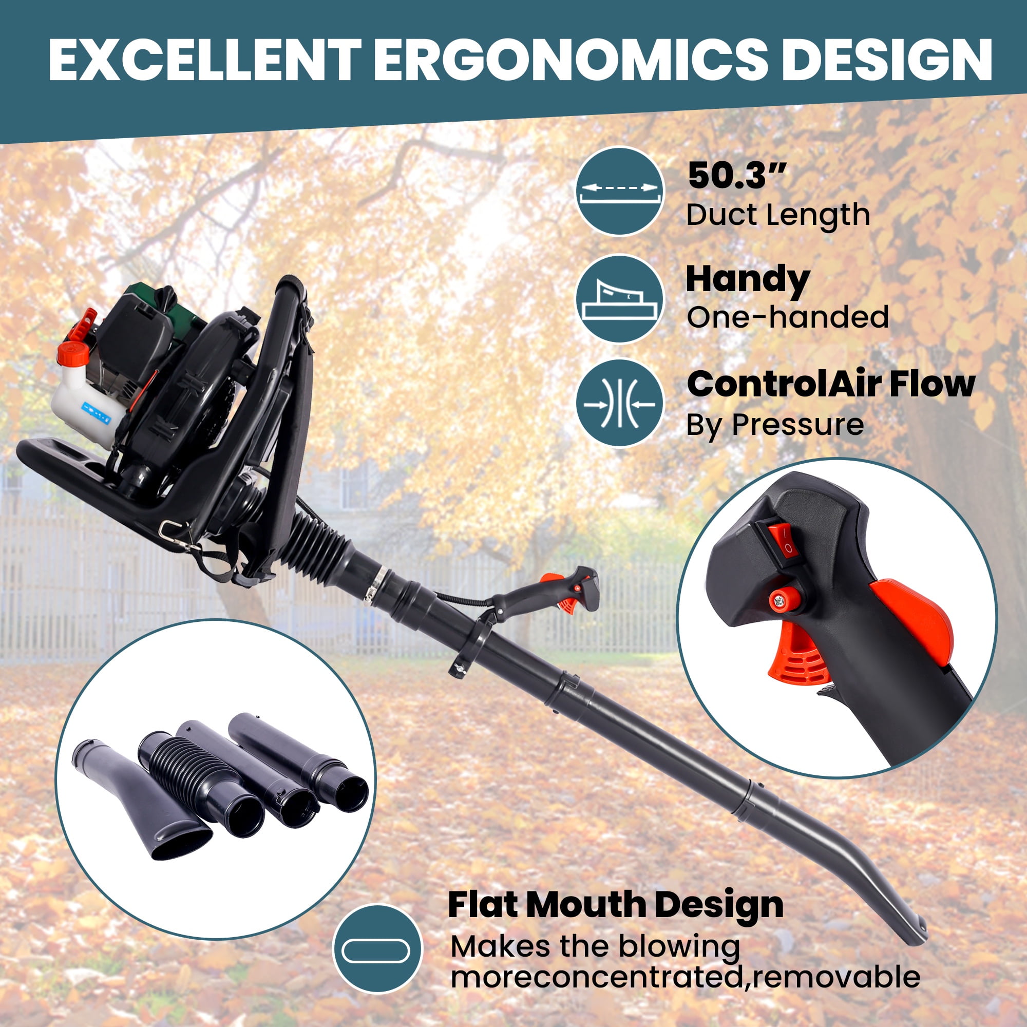 Backpack Leaf Blower Gas Powered 52CC, Seizeen Cordless Leaf Blower 530CFM Powerful, with Adjustable Handle & Extended Tube for Yard, Green