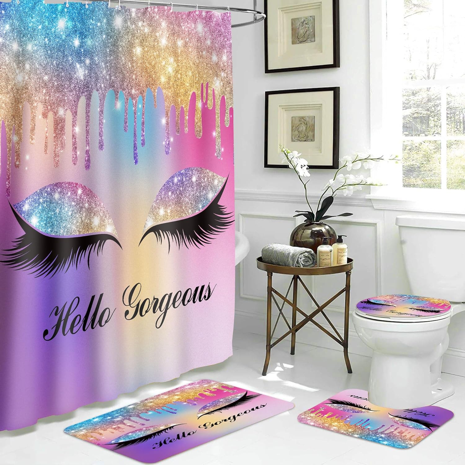 Hello Gorgeous Shower Curtain Set, 4PCS Purple Bathroom Sets with Colorful Twinkle Drips Pretty Eyelash Shower Curtains, Bath Rug, Toilet Lid Cover and U Shaped Mat, 12 Hooks, SETLSGU18