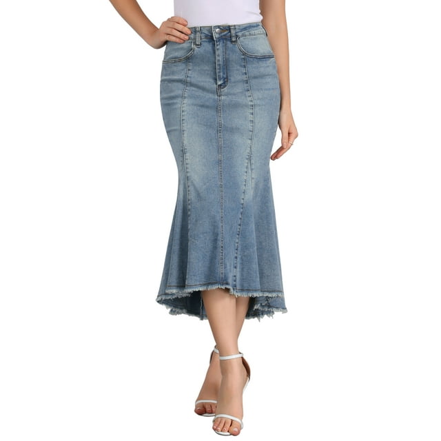 Falda midi casual de mujer de mezclilla desgastada con cola de pez, cintura alta, dobladillo sin terminar y bolsillos, XS gris azul