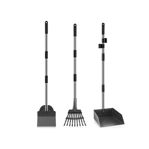 Dog Poop Cleanup Set 3-Piece Pooper Scooper Tray Rake Spade with Adjustable Long Stainless Handles Bin Easy No-Bend Waste Removal for All Dog Sizes