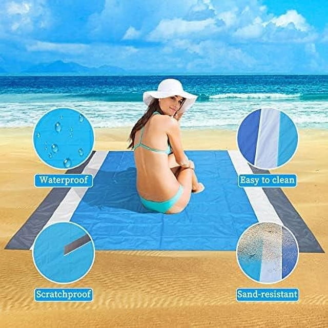 Nvzi Manta de playa sin arena, tapete de picnic grande impermeable para 4-7 adultos,tapete de picnic portátil, manta de exterior para viajes, senderismo (82,67 x 78,74 pulgadas, azul)