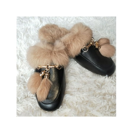 

GENILU Women s Suede Slip On Mule Backless Low Heel Loafers Metal Decor Fluffy Slippers