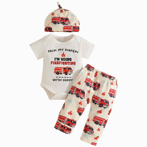 Wonitaaizi Newborn Baby Boy Outfits I’m Going Firefighting with Daddy Fire Truck Romper Pants Set Firefighter Clothes 3PCS(6-12 Months,White)