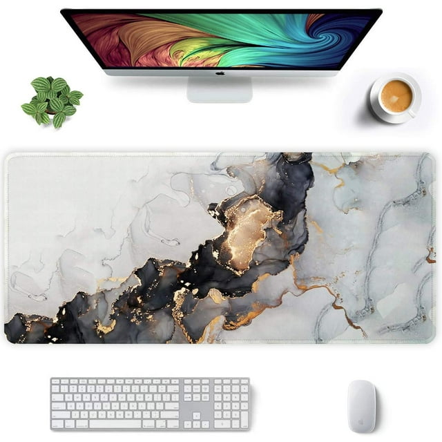 Auhoahsil Extended Mouse Pad, XXL Desk Pad Gaming Mousepad, Large Big Laptop Computer Keyboard Mat with Non-Slip Base Stitched Edge for Gaming Office, 35.5 x 15.7 inch, White Black Marble