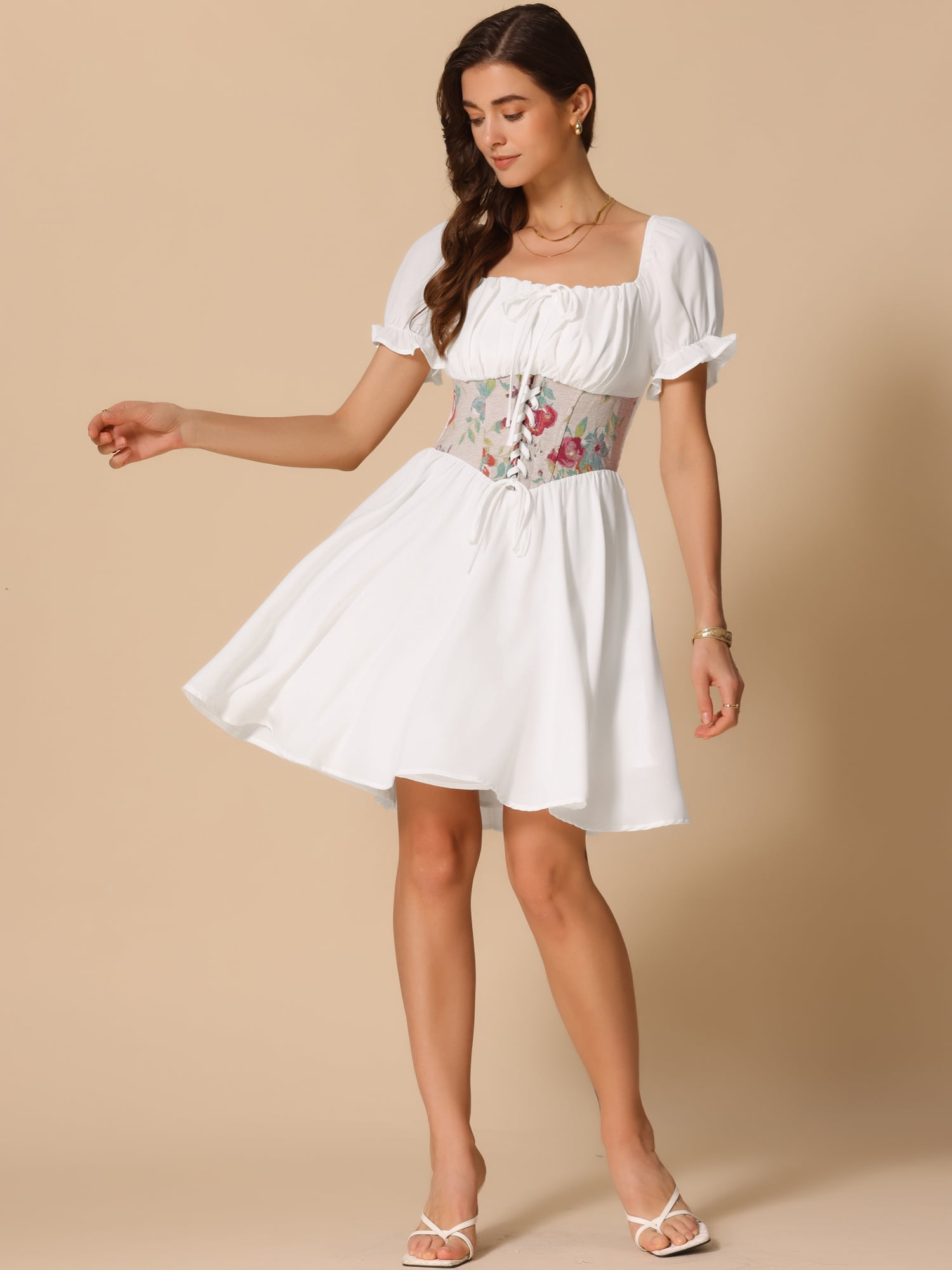 DARING DIVA Corset Short Square Neck Puff Sleeve Floral Lace Up Dress M White
