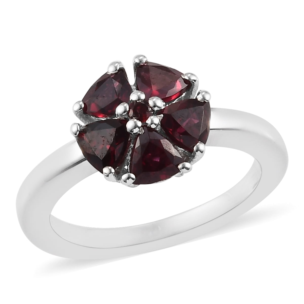 Classic Triple Flower Garnet 925 Sterling Silver Ring Simulated Diamond Accents 