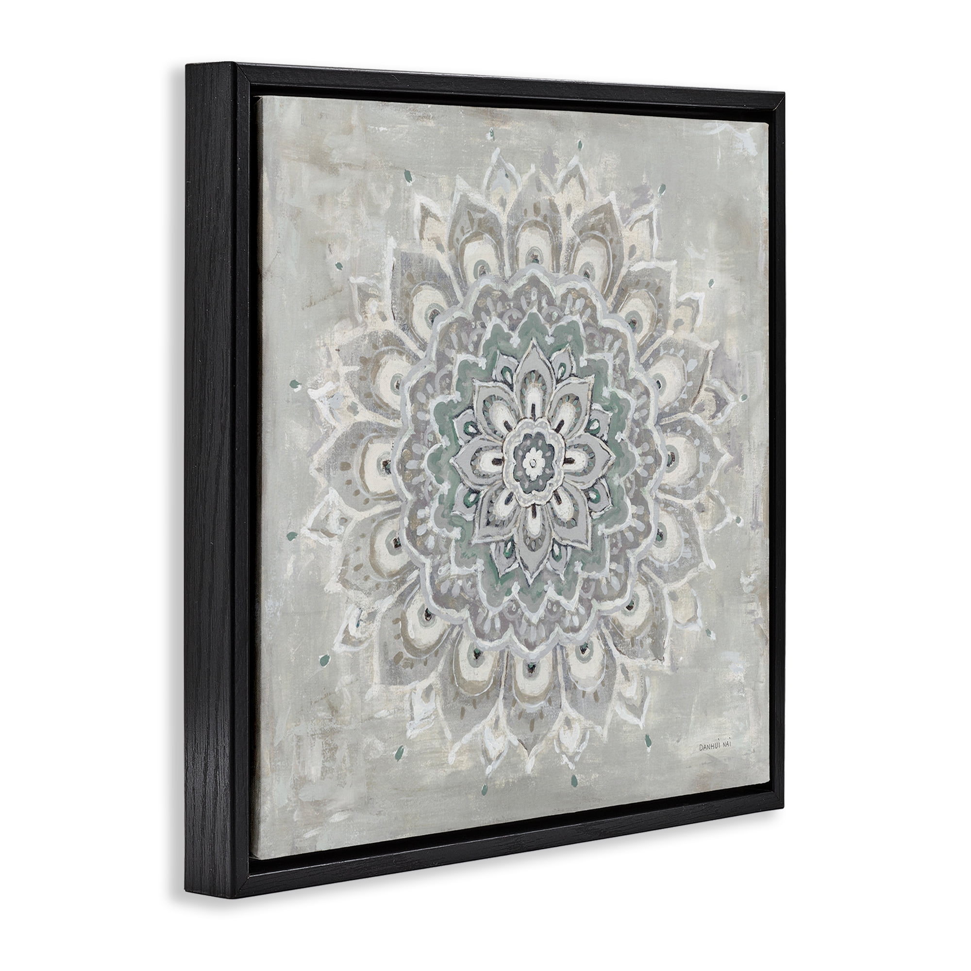 Stupell Industries Gentle Mandala Flower Abstract Painting Black Floater Framed Canvas Art Print Wall Art, 25 x 25