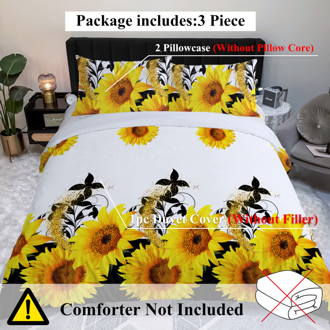 3 Pcs Sunflower pattern Duvet Cover Set, Reversible Duvet Cover Queen, Chic Bedding Set Comforter Cover Soft Breathable for All Seasons (Yellow, Queen)