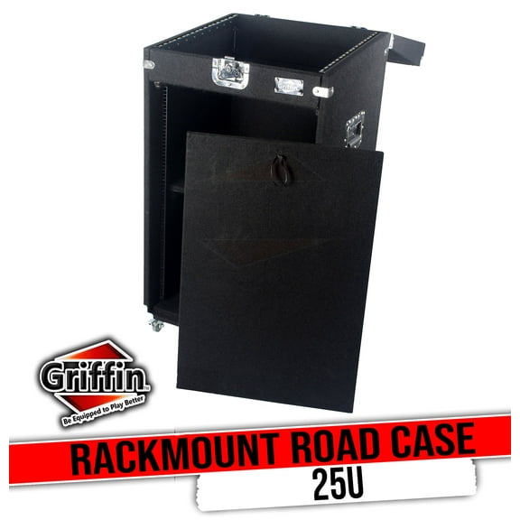 Ultimate Rackmount Studio Mixer Cabinet Road Case By Griffin – 25U Space-Saving Pro-Audio Stand Equipment Travel Flight Case For PA DJ Music Gear, Carpeted Interior Cart, Security & Convenience