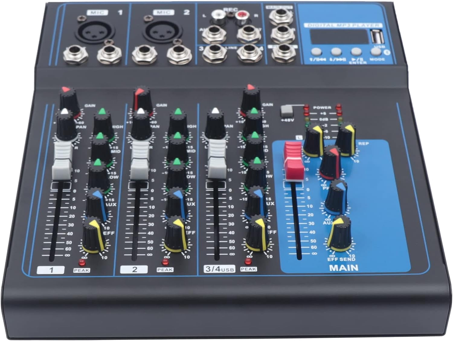 Professional 4-Channel Mixing Console Audio Mixer Sound Board Bluetooth USB Live Studio Mixer with USB Drive for PC Recording,48V Phantom Power Stereo DJ Studio Streaming