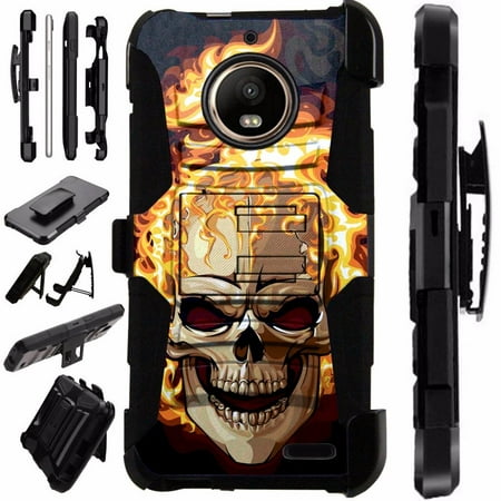 Skull Silicone Case (For Motorola Moto E4 Case / Moto E 4 Case Armor Hybrid Case Silicone Cover Kick Stand LuxGuard Holster (Flaming Skull)