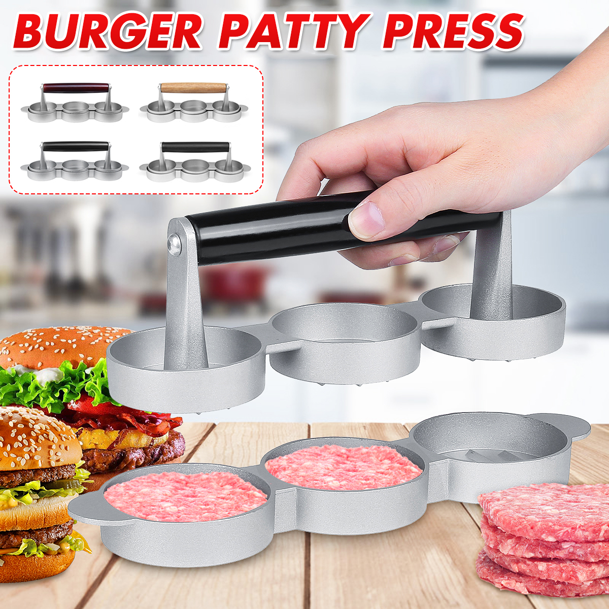 Aluminum Three Burger Press Patty Maker NonStick Burger Patty Surface
